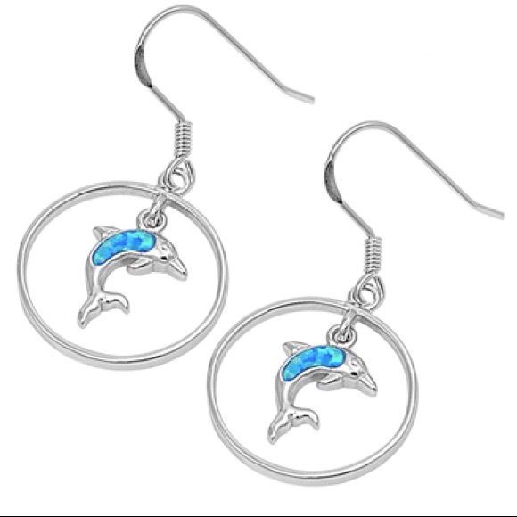 Jewelry - Sterling Silver Dolphin Earrings with Lab Opal